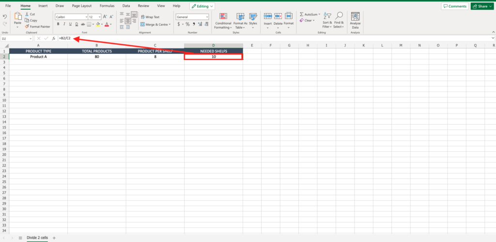 how do you add two cells in excel then divide