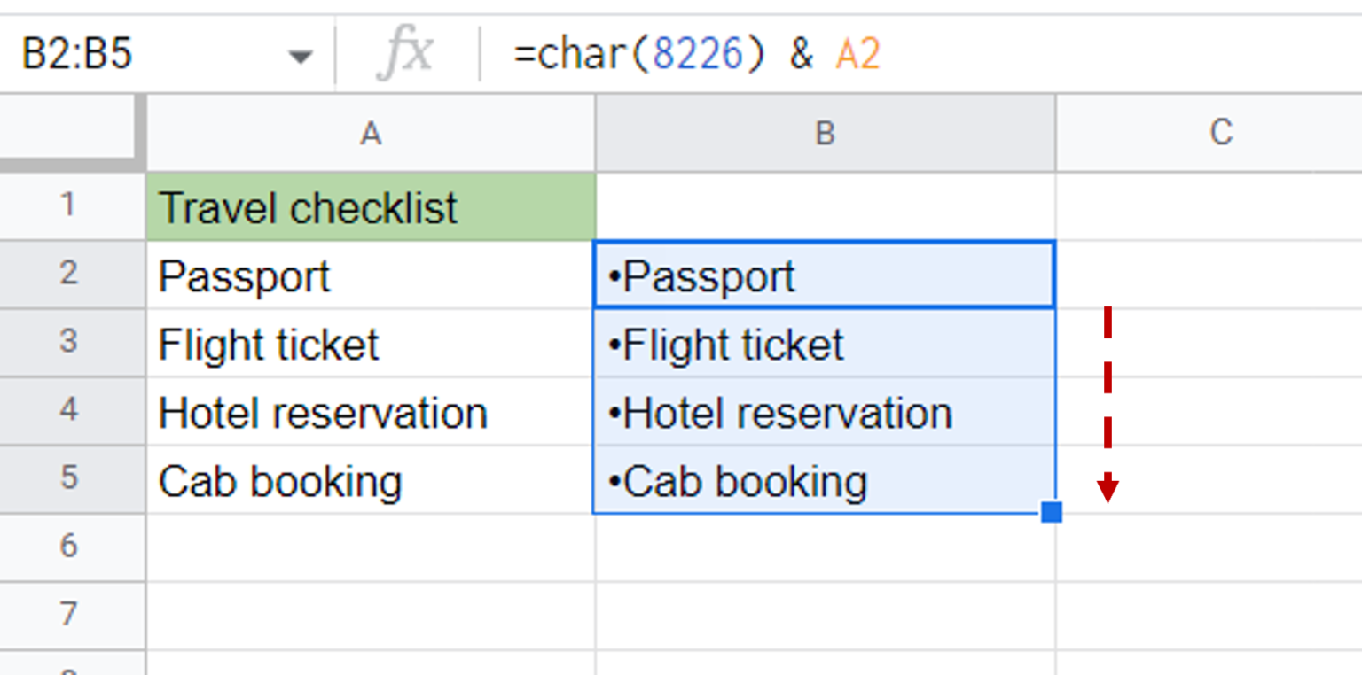 How To Do Bullet Points In Google Sheets SpreadCheaters   Option 2 Step 2 – How To Do Bullet Points In Google Sheets 1536x762 