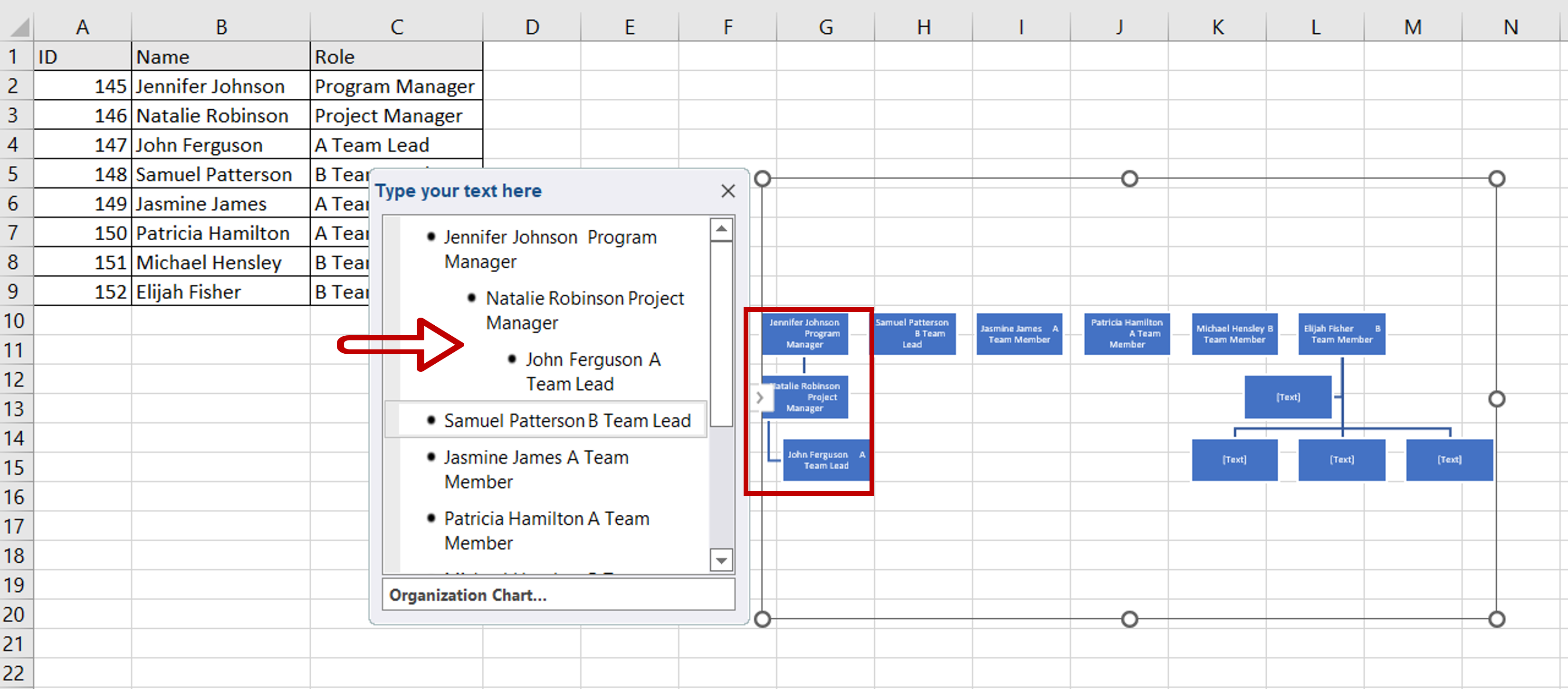 How To Create An Organizational Chart In Excel From A List | SpreadCheaters