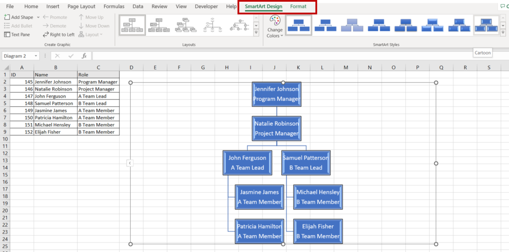 How To Create An Organizational Chart In Excel From A List | SpreadCheaters