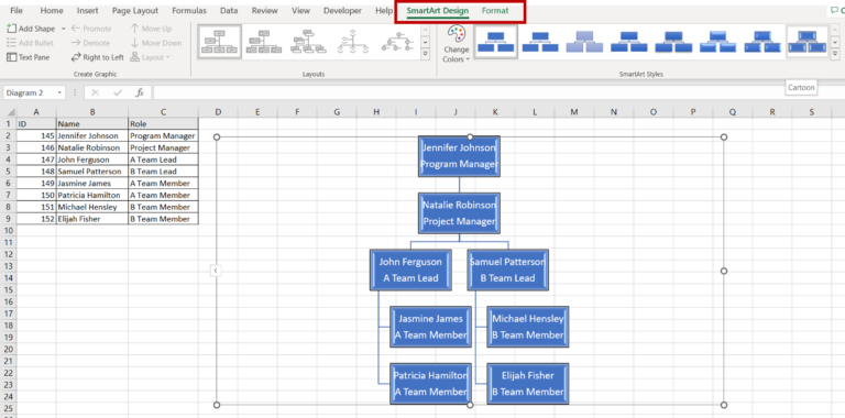 How To Create An Organizational Chart In Excel From A List | SpreadCheaters